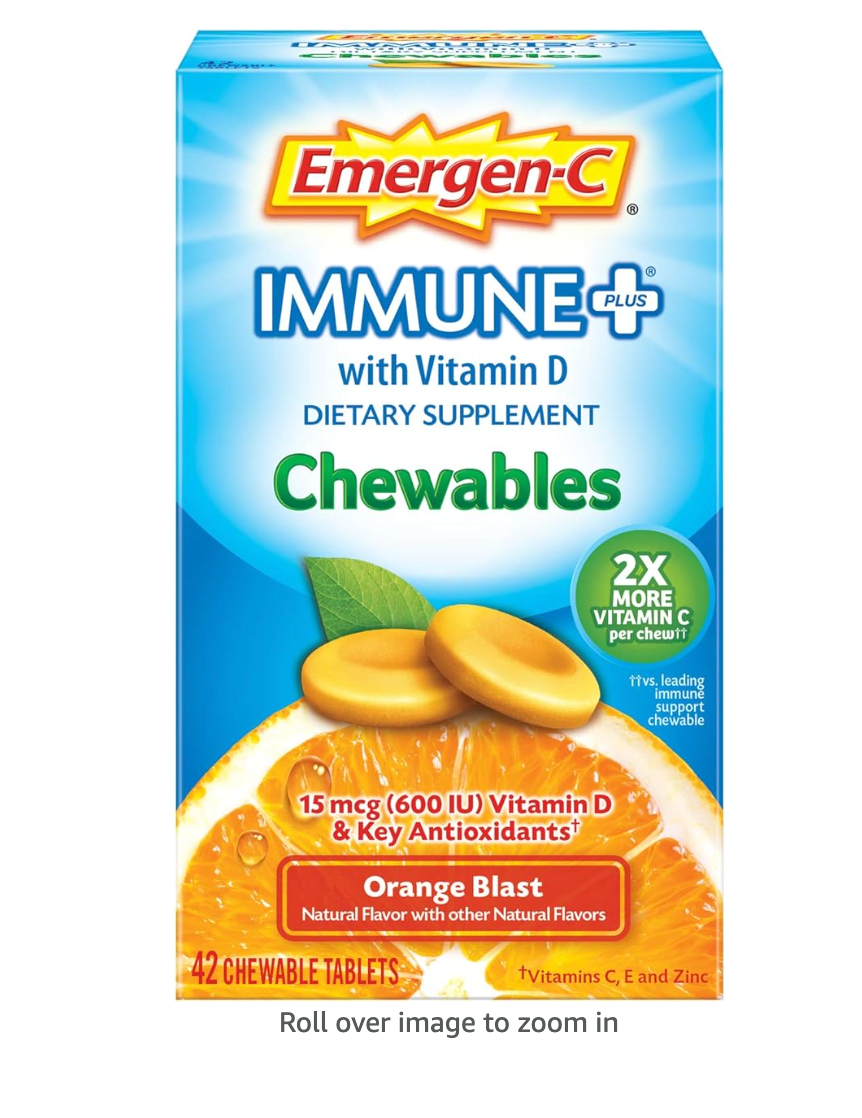 Emergen-C Immune+ Chewables 1000mg Vitamin C with Vitamin D Tablet, Immune Support Dietary Supplement for Immunity, Orange Blast Flavor - 42 Count