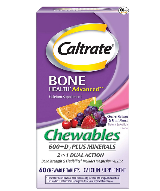 Caltrate Chewables 600 Plus D3 Plus Minerals Calcium Vitamin D Supplement, Cherry, Orange and Fruit Punch - 60 Count