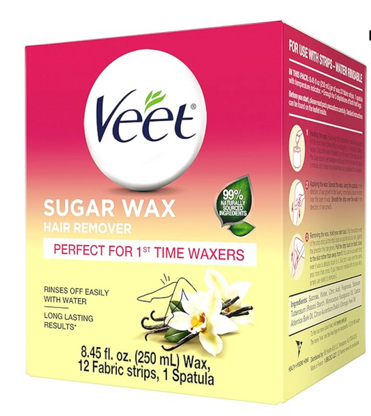 VEET Sugar Wax Hair Remover - Perfect for First Time Waxers - Contains 12 Fabric Strips & 1 Spatula with a Temperature Indicator 8.45 Ounce (Pack of 1)