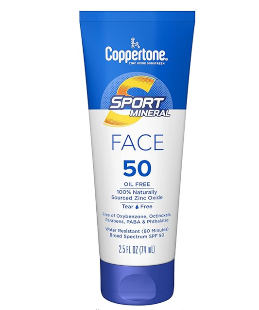 Coppertone SPORT Sunscreen for Face, Zinc Oxide Mineral Face Sunscreen SPF 50, Oil Free Sunscreen, Travel Size Sunscreen, 2.5 Fl Oz Tube