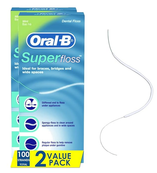 Oral-B Dental Floss for Braces, Super Floss Pre-Cut Strands, Mint, 50 Count, Pack of 2